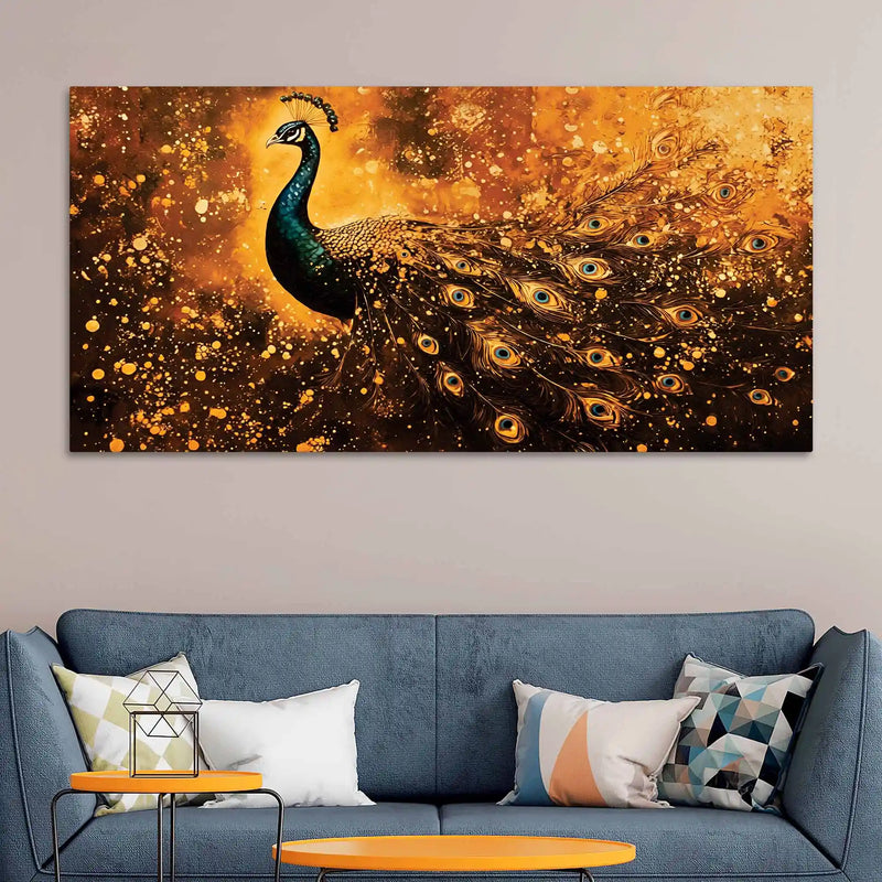 Luminous Peacock with Gilded Splash Feathers Canvas Wall Painting