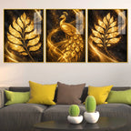 Luxe Golden Peacock Acrylic Floating Frame Wall Painting Set of 3
