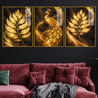 Luxe Golden Peacock Acrylic Floating Frame Wall Painting Set of 3