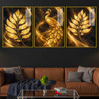 Luxe Golden Peacock Acrylic Floating Frame Wall Painting Set of 3