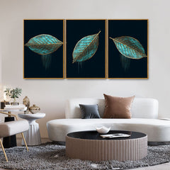 Luxurious Abstract Art of Modern Green Leaves Floating Canvas Wall Painting Set of Three