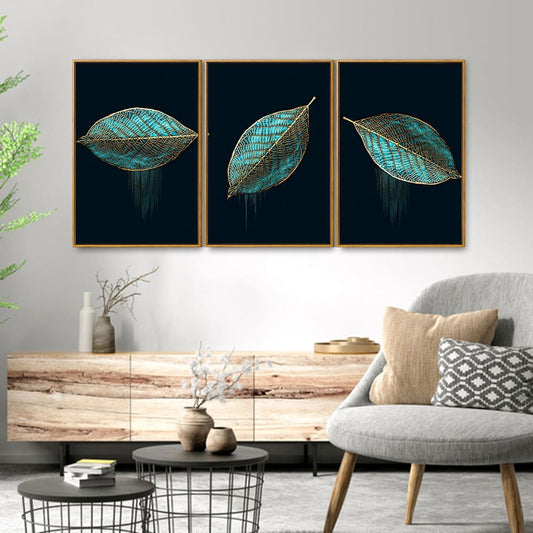 Luxurious Abstract Art of Modern Green Leaves Floating Canvas Wall Painting Set of Three