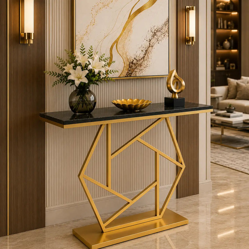 Luxurious Contemporary Console Table In Hexagonal Design with Black Marble