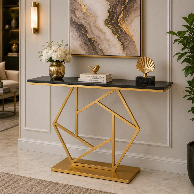 Luxurious Contemporary Console Table In Hexagonal Design with Black Marble
