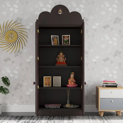 Luxurious Dark Brown Finish Wooden Floor Temple with Bells for Home & Office
