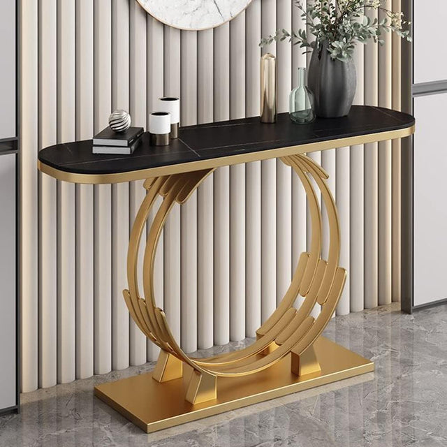 Luxurious Gold Circular Ring Console Table with Sleek Black Marble Top