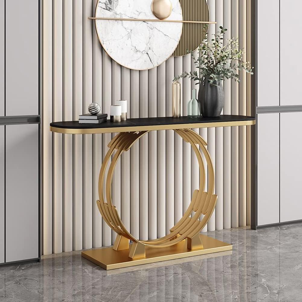 Luxurious Gold Circular Ring Console Table with Sleek Black Marble Top