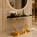 Luxurious Gold Circular Ring Console Table with Sleek Black Marble Top