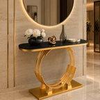 Luxurious Gold Circular Ring Console Table with Sleek Black Marble Top