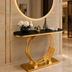 Luxurious Gold Circular Ring Console Table with Sleek Black Marble Top