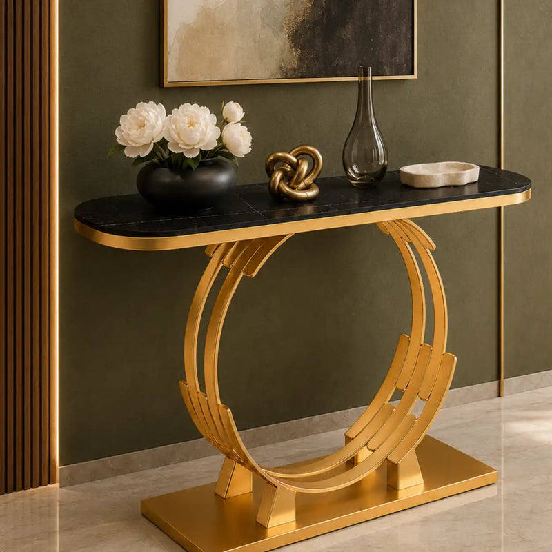 Luxurious Gold Circular Ring Console Table with Sleek Black Marble Top