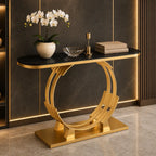 Luxurious Gold Circular Ring Console Table with Sleek Black Marble Top