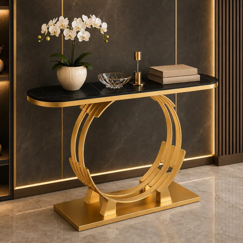 Luxurious Gold Circular Ring Console Table with Sleek Black Marble Top