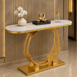 Luxurious Gold Circular Ring Console Table with Sleek White Marble Top