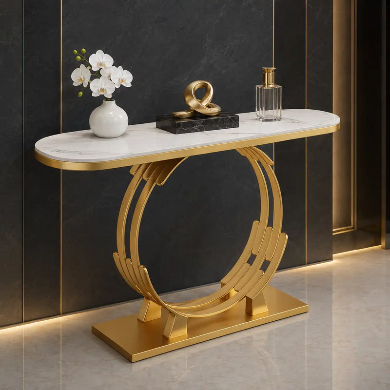 Luxurious Gold Circular Ring Console Table with Sleek White Marble Top