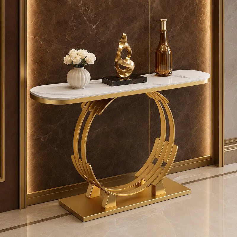 Luxurious Gold Circular Ring Console Table with Sleek White Marble Top