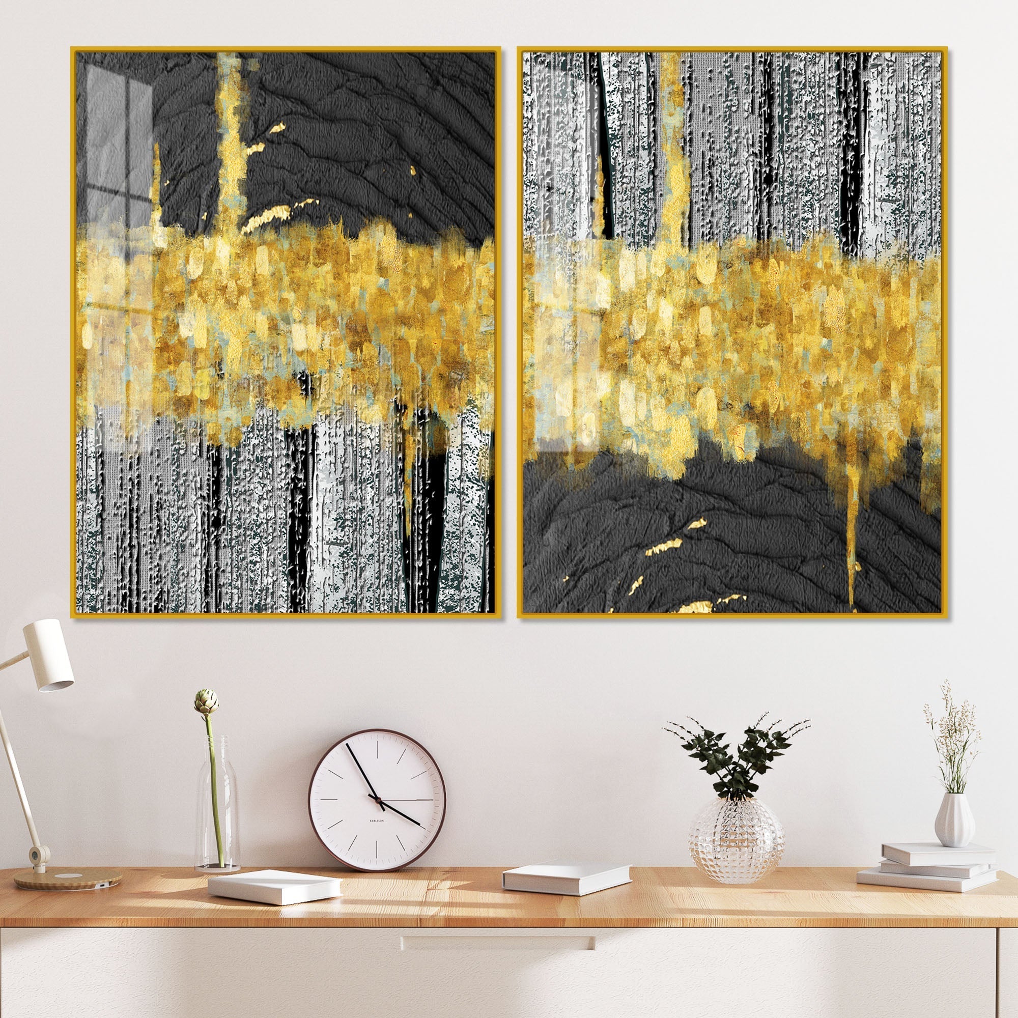 Luxurious Golden Textured Pattern Shapes Acrylic Floating Wall Painting Set Of 2