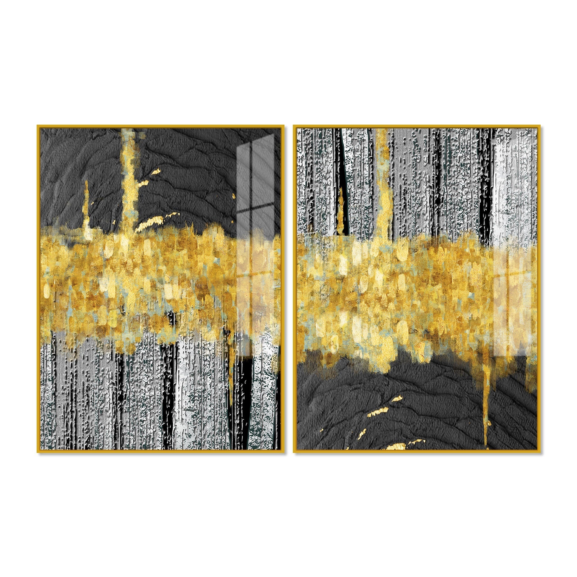 Luxurious Golden Textured Pattern Shapes Acrylic Floating Wall Painting Set Of 2