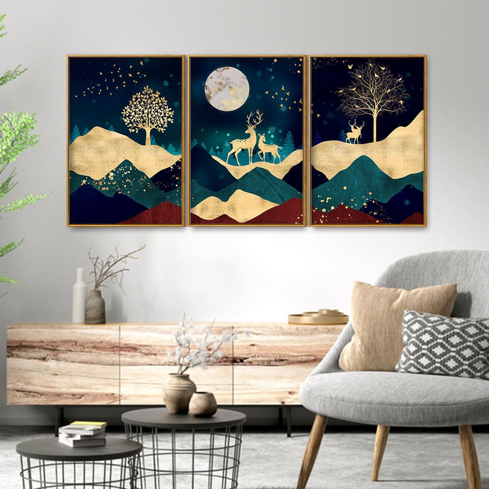 Luxurious Modern Art of Mountains and Deer Floating Canvas Wall Painting Set of Three