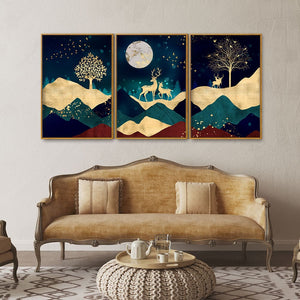 Luxurious Modern Art of Mountains and Deer Floating Canvas Wall Painting Set of Three