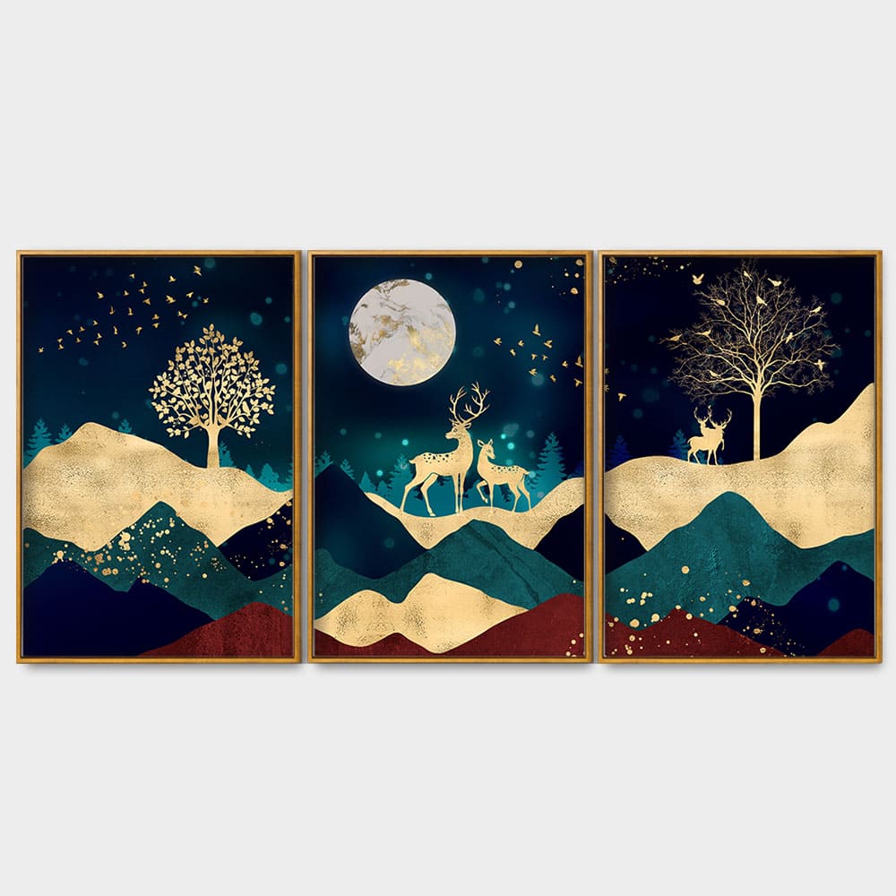 Luxurious Modern Art of Mountains and Deer Floating Canvas Wall Painting Set of Three