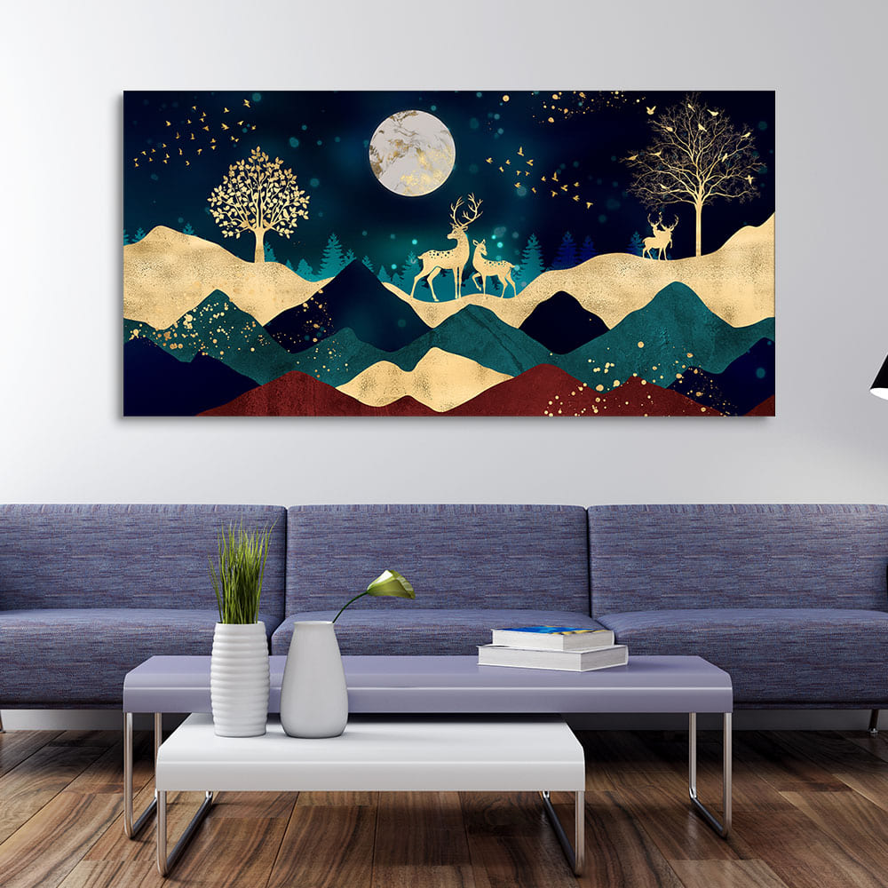 Luxurious Modern Art of Mountains and Golden Tropical leaves Canvas Wall Painting Premium Wall Painting