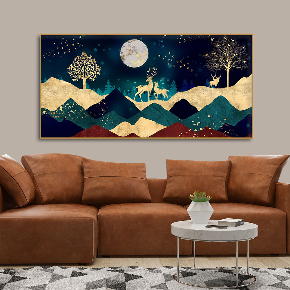 Luxurious Modern Art of Mountains and Golden Tropical leaves Canvas Wall Painting Premium Wall Painting