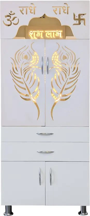 Luxurious White Finish Wooden Floor Temple with Om LED Back Panel & Spacious Drawer Storage Cabinet for Home & Office