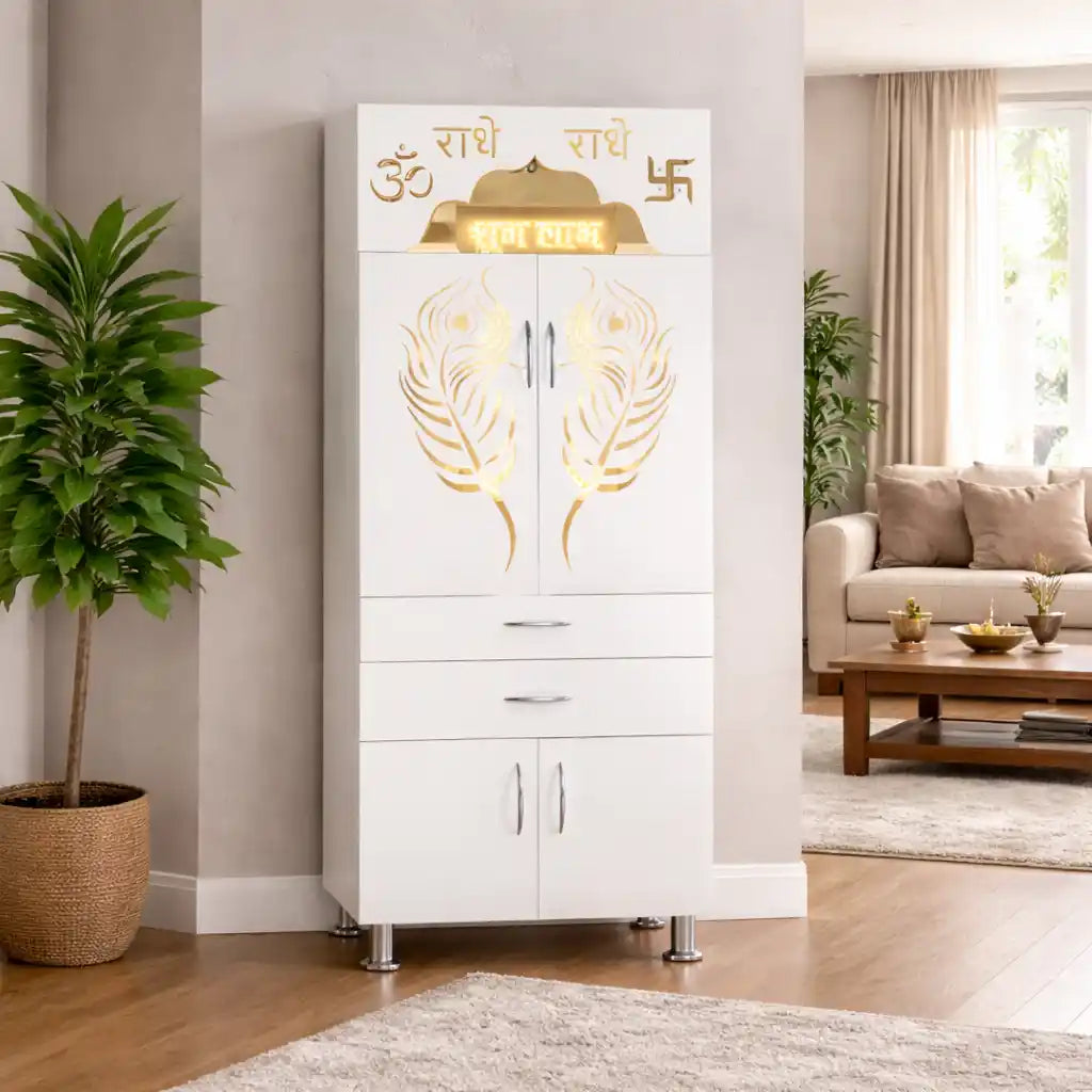 Luxurious White Finish Wooden Floor Temple with Om LED Back Panel & Spacious Drawer Storage Cabinet for Home & Office
