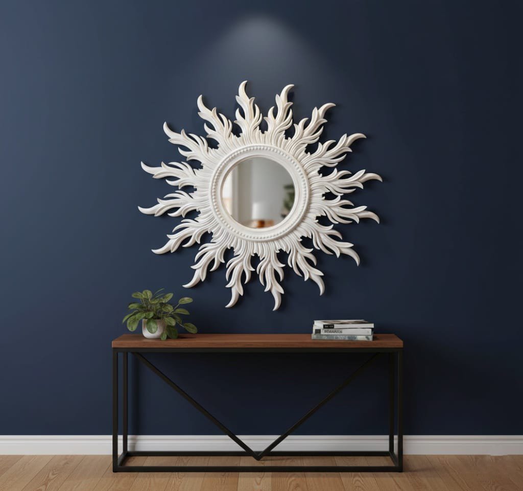 Luxury 3D White Sunburst Wall Mirror | Decorative Round Mirror for Living Room