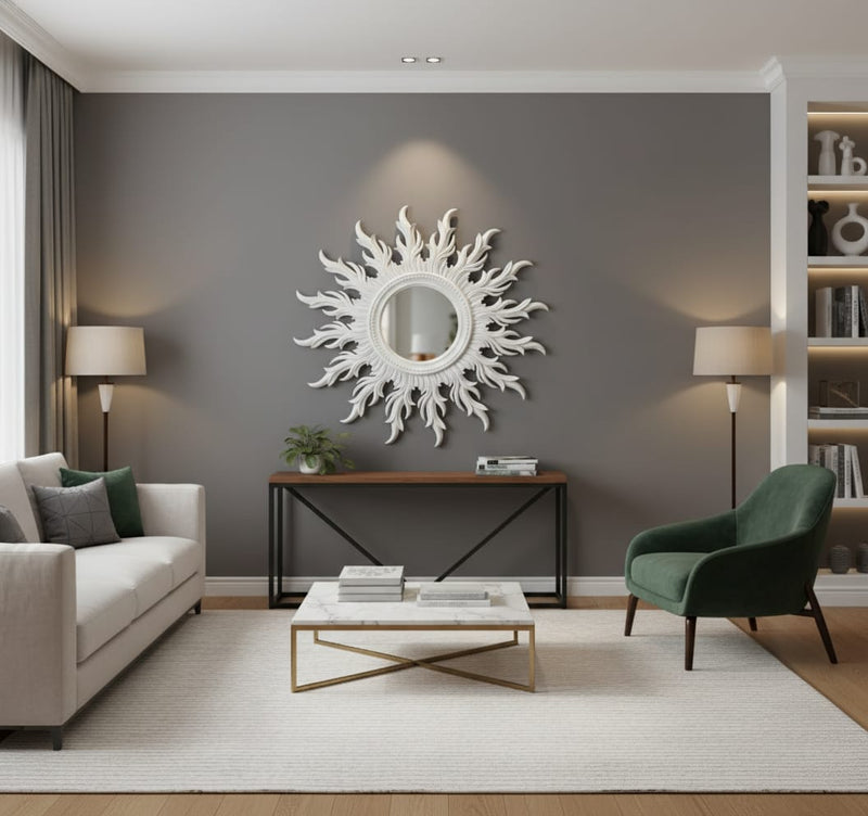 Luxury 3D White Sunburst Wall Mirror | Decorative Round Mirror for Living Room