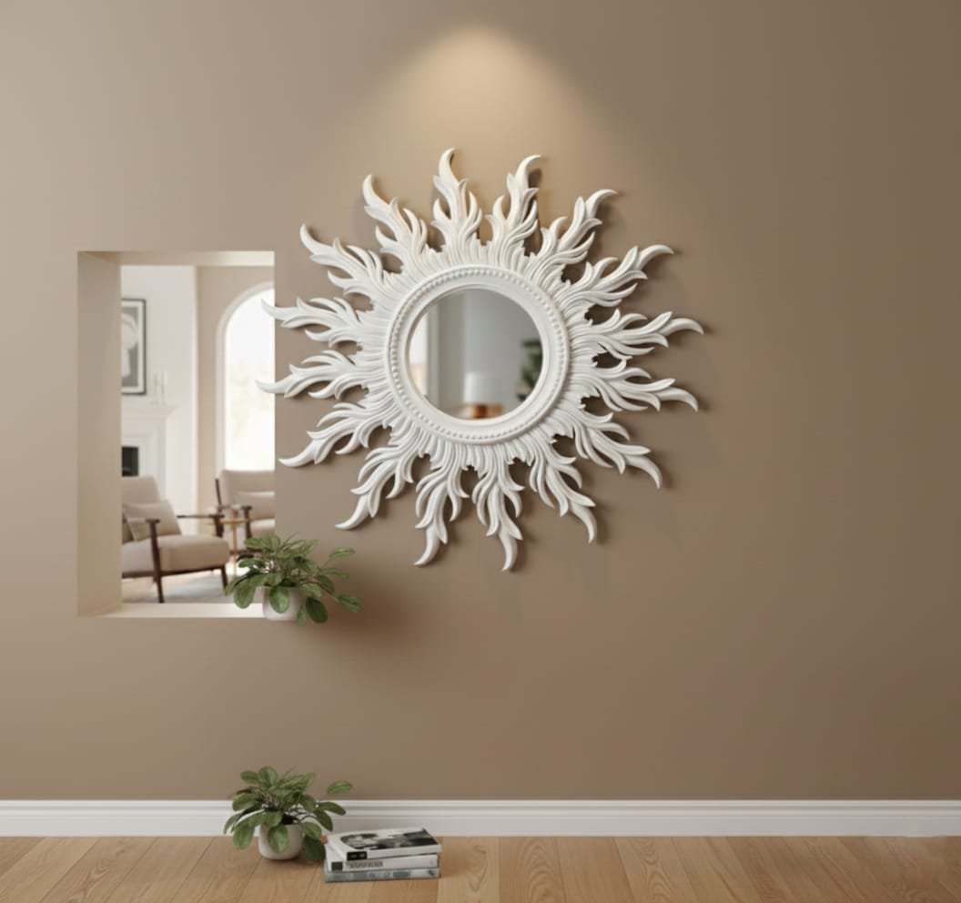 Luxury 3D White Sunburst Wall Mirror | Decorative Round Mirror for Living Room