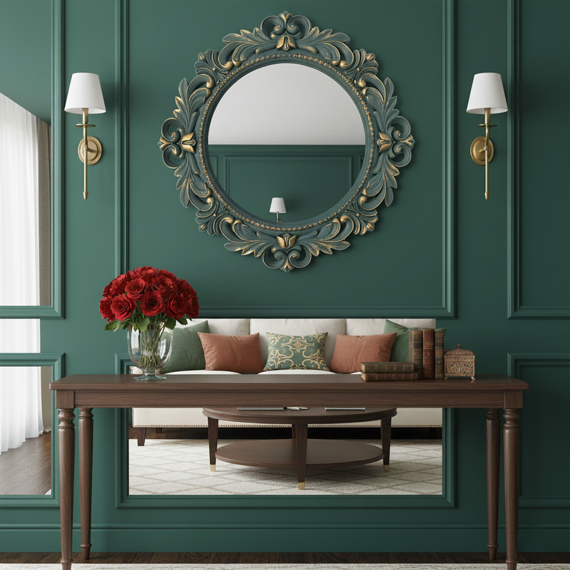 Luxury Antique Round 3D Wall Mirror with Ornate Baroque Frame for Office & Home Decoration – Antique Round Wall Mirror