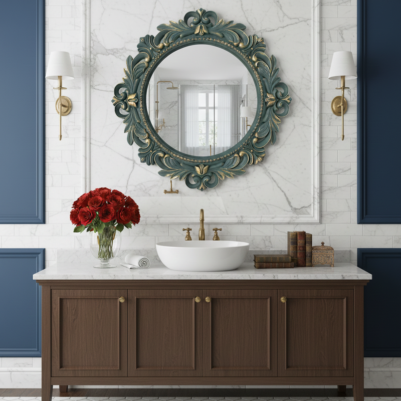 Luxury Antique Round 3D Wall Mirror with Ornate Baroque Frame for Office & Home Decoration – Antique Round Wall Mirror