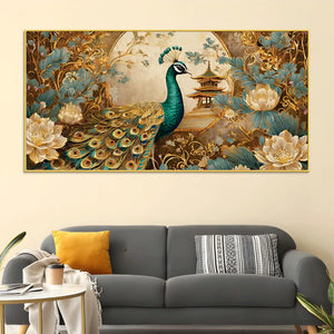 Luxury Asian Style Peacock In Lotus Flowers Garden Canvas Wall Painting