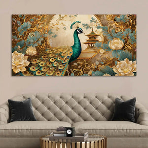 Luxury Asian Style Peacock In Lotus Flowers Garden Canvas Wall Painting