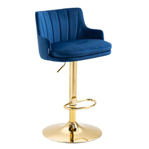 Luxury Bar Stool with Blue Velvet Upholstery and Gold Frame