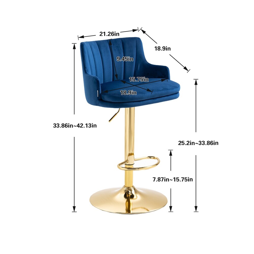 Luxury Bar Stool with Blue Velvet Upholstery and Gold Frame