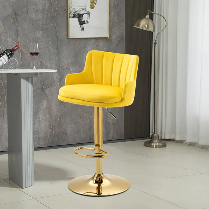Luxury Bar Stool with Rich Yellow Velvet Upholstery and Gold Frame
