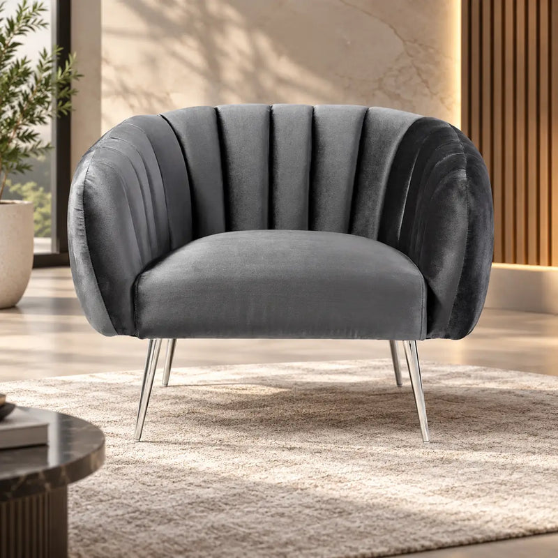 Luxury Barrel Chair with Channel Tufted Back & Metal Legs