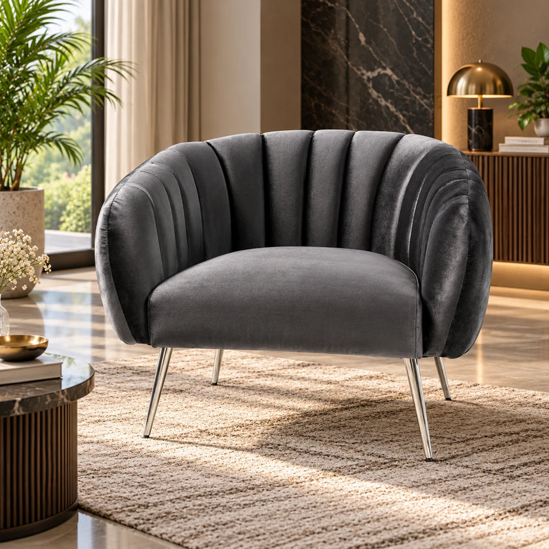 Luxury Barrel Chair with Channel Tufted Back & Metal Legs