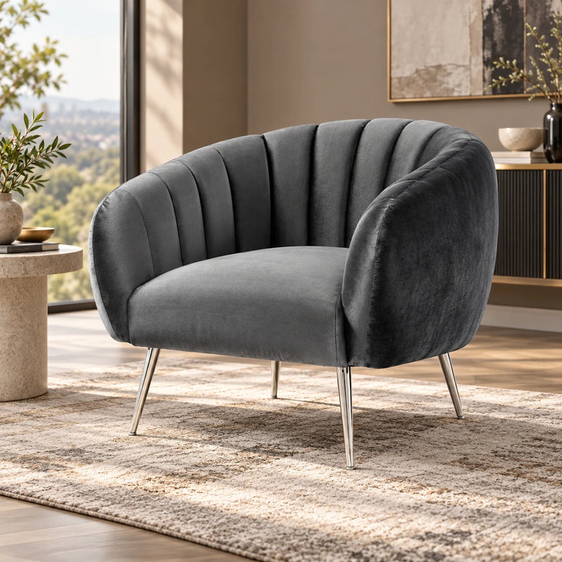 Luxury Barrel Chair with Channel Tufted Back & Metal Legs