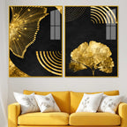 Luxury Black Gold Botanical Ginkgo Leaf Abstract Acrylic Floating Wall Painting Set of 2
