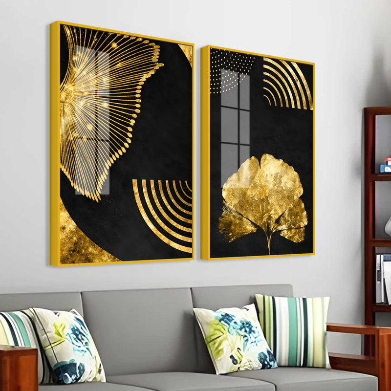 Luxury Black Gold Botanical Ginkgo Leaf Abstract Acrylic Floating Wall Painting Set of 2