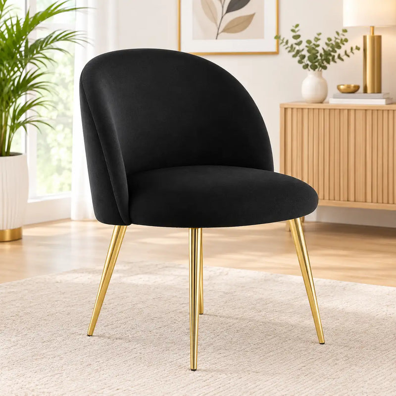 Luxury Black Velvet Dining Chair with Curved Backrest & Golden Metal Legs