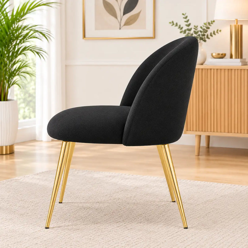 Luxury Black Velvet Dining Chair with Curved Backrest & Golden Metal Legs