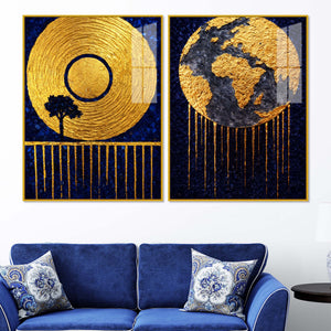 Luxury Blue and Gold Cosmic Earth Acrylic Floating Wall Painting Set of 2