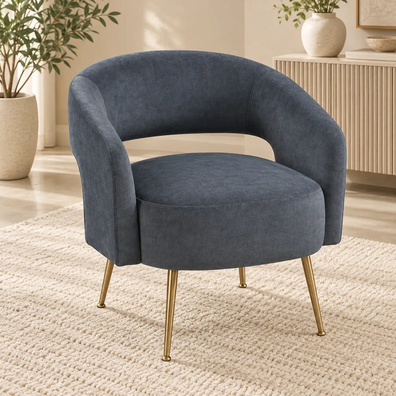 Luxury Blue Barrel Lounge Chair with Golden Metal Legs