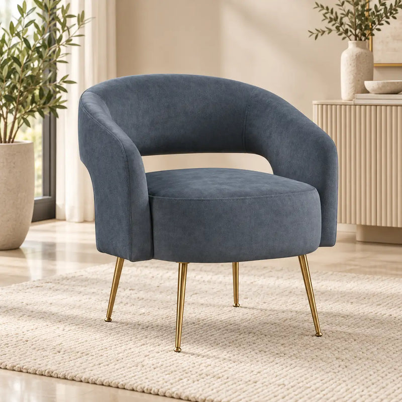 Luxury Blue Barrel Lounge Chair with Golden Metal Legs