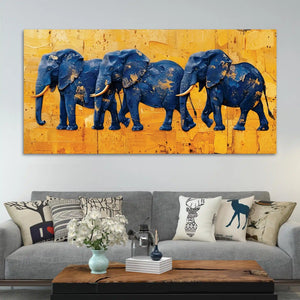 Luxury Blue Elephant Parade Abstract Canvas Wall Painting